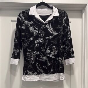 Black, White and Silver Abstract Print Top
